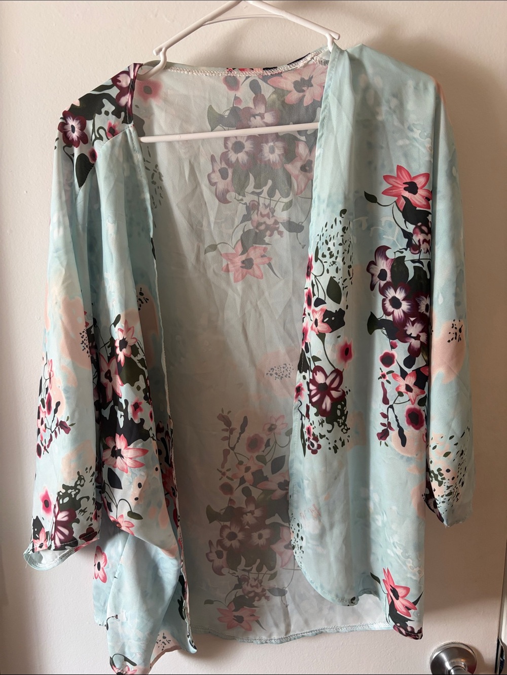 Light Blue Floral Open-Front Women's Kimono Top